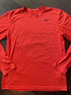Nike Men’s Bright Orange Long Sleeve Dri-FIT Top with Black Swoosh size medium